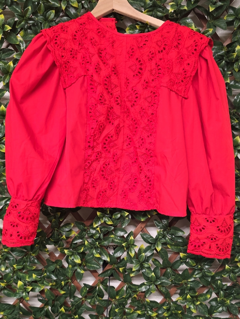 SHEIN Red Lace Panel Puff Sleeve Blouse